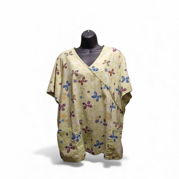 SB Scrubs Tops - SB Scrubs Women's 2X Plus Size Butterfly Print Mock Wrap Scrub Top (JC196)